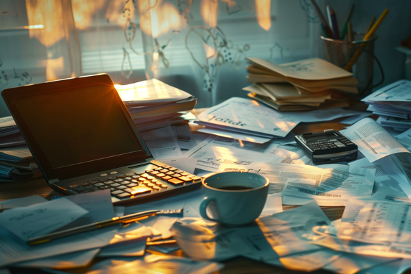 AdobeStock_1984632008_Steuererklärung-zu-Hause Unterlagen-Chaos bei der privaten Steuererklärung zuhause